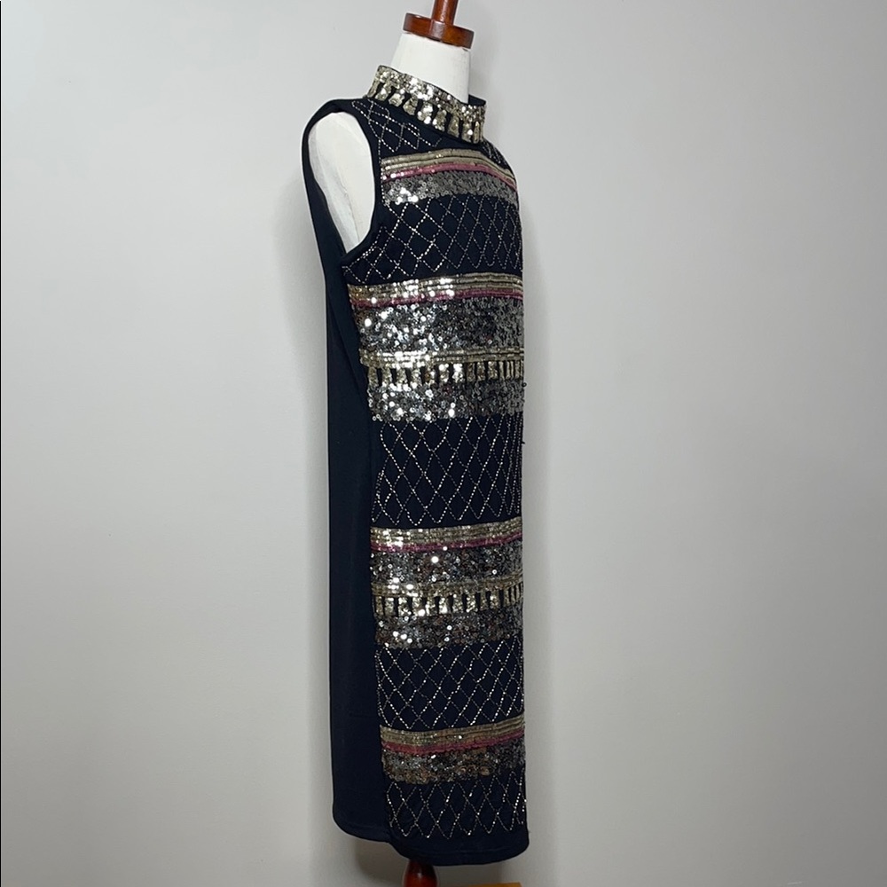 Suzy Sheer Black and Gold Embellished Sequin Cocktail Dress Size Small - Picture 5 of 10